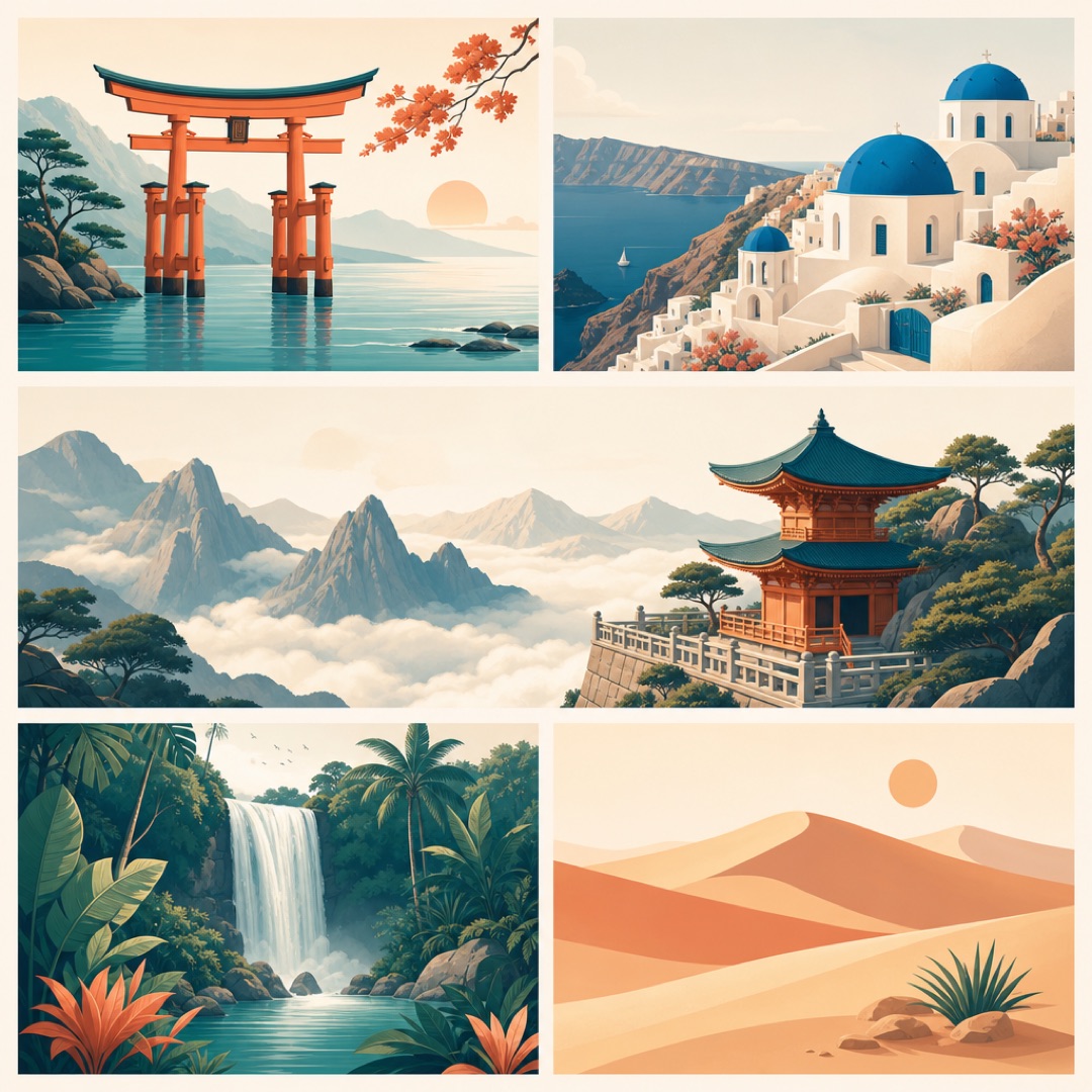 Collage of stylized world landmarks: a torii gate, a Greek island village, a mountain temple, a rainforest waterfall and desert dunes