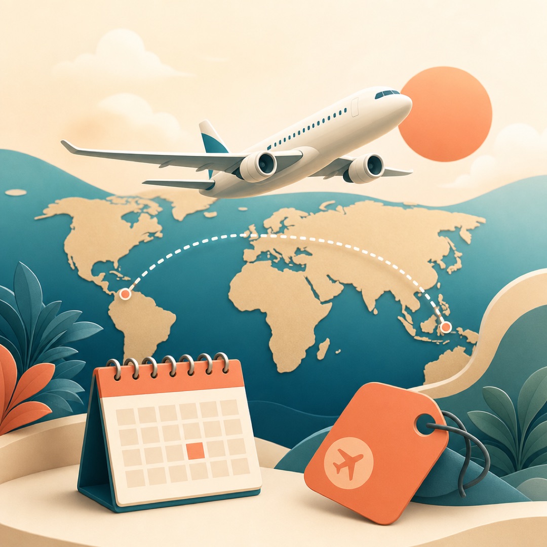 Illustration of a plane rising over a world map with a dotted flight path