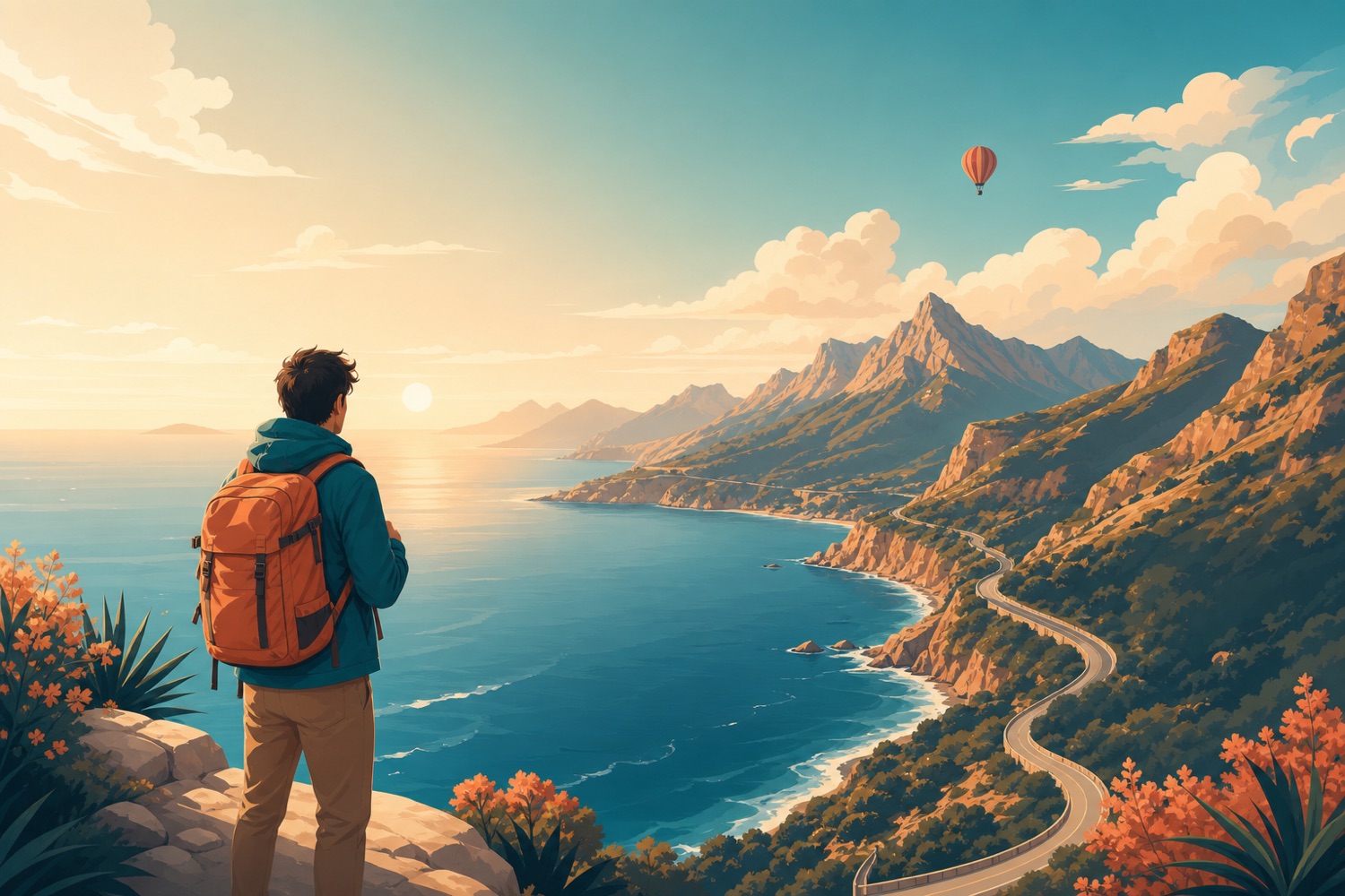 A backpacker looking out over mountains and a coastal bay at golden hour