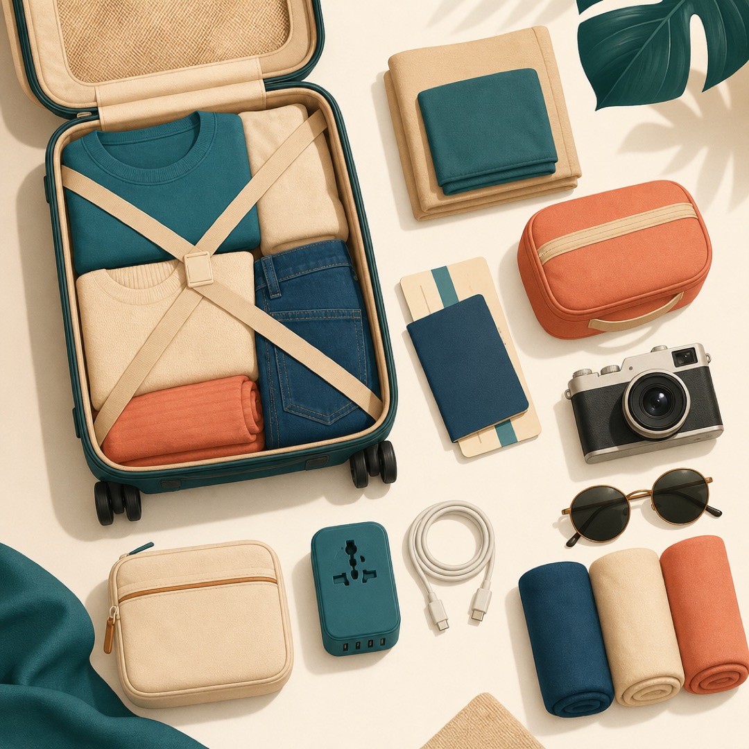 Neatly arranged travel packing essentials in an open carry-on suitcase