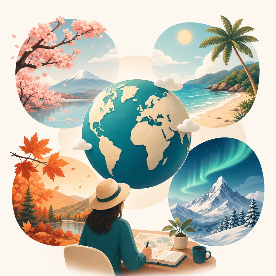 Illustration of a globe surrounded by the four travel seasons